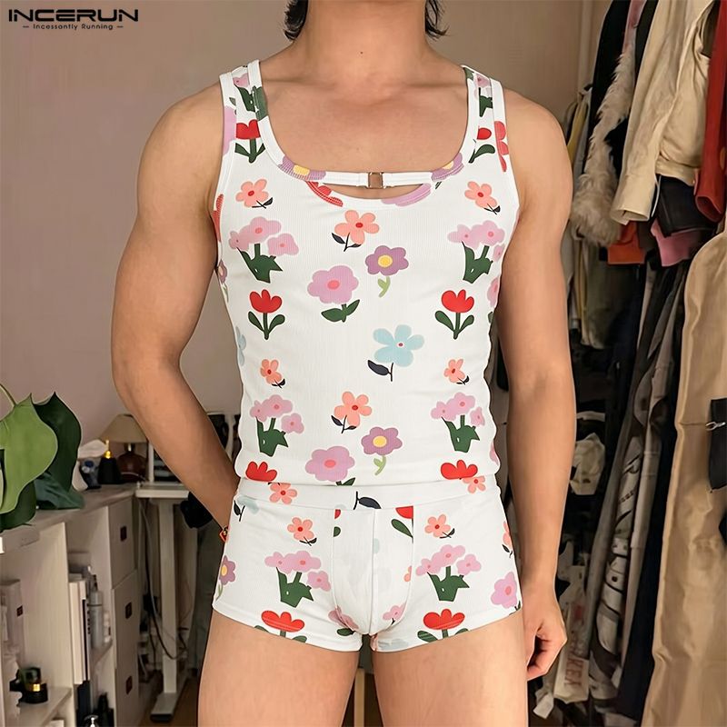 INCERUN Men's Sets Flower Prin - Matcha review and price