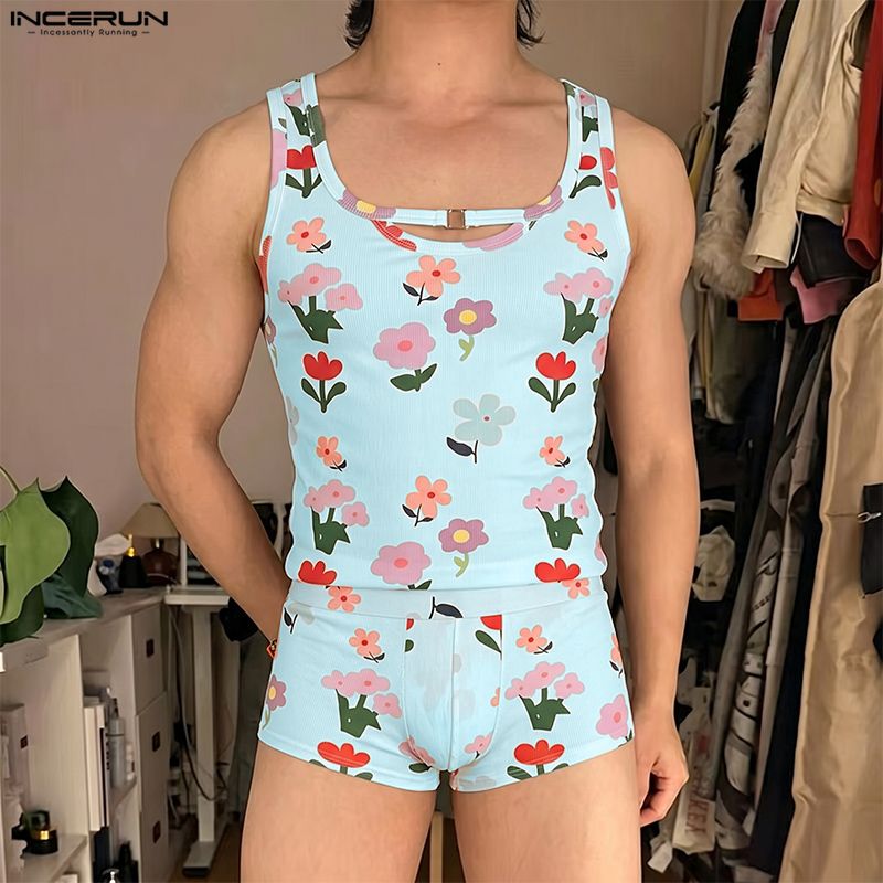 INCERUN Men's Sets Flower Prin - Matcha review and price
