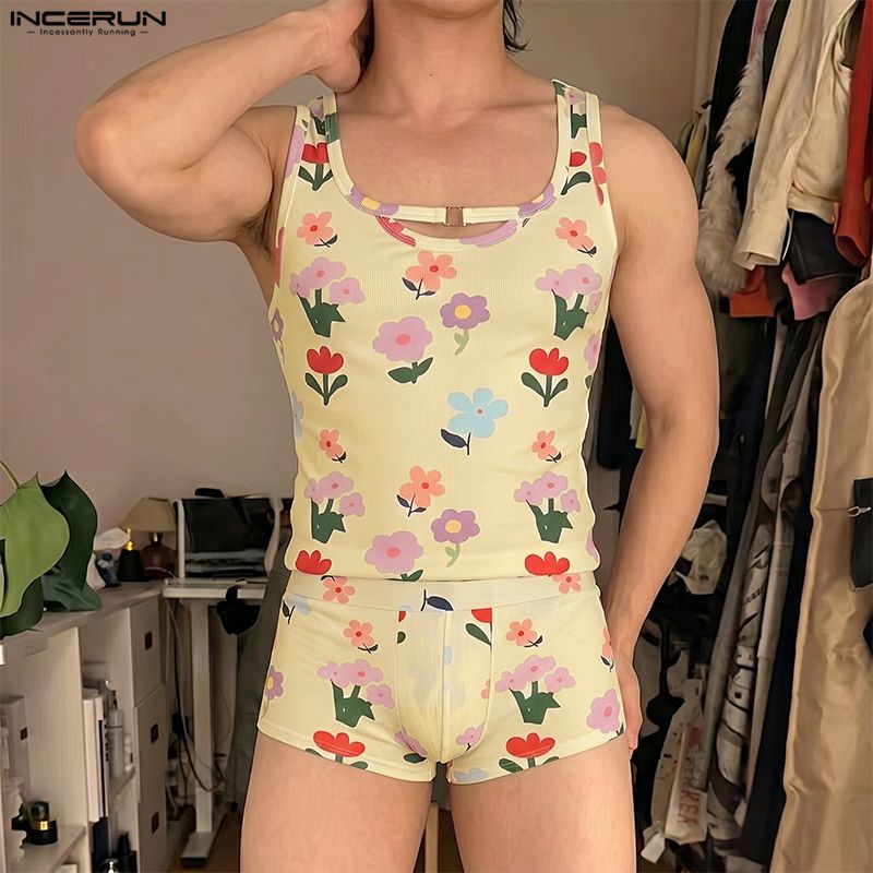 INCERUN Men's Sets Flower Prin - Matcha review and price
